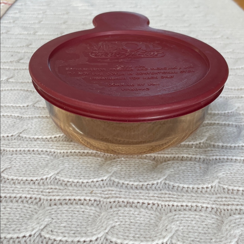 Vtg Corning Visions Heat ‘n’ Serve amber “grab it” bowl/dish/storage Maroon Lid - Picture 8 of 9